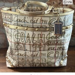 Coach Purse Heritage Tattersall Graffiti Coach Poppy Leather Gold & Cream Tote